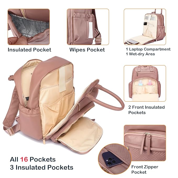 Leather Diaper Bag Backpack for Women with Multiple Pockets,Laptop Compartment and Changing Pad.