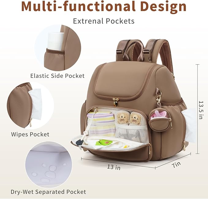 CEI-CEI Neoprene Diaper Bag Backpack Stylish Baby Maternity Bags Travel Tote for Mom with Insulated Pockets, Changing Pad, Stowable Shoulder Strap