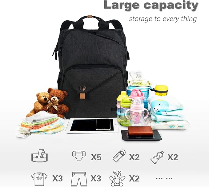 Hap Tim Diaper Bag Backpack,Large Capacity Travel Back Pack Maternity Baby Nappy Changing Bags, Double Compartments with Stroller Straps,Waterproof,Black (US7340-DG)