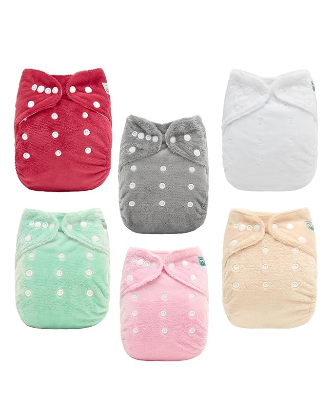 ALVABABY 6 Pack Baby Cloth Diapers Warm for Autumn and Winter with 6pcs 4-Layers Rayon from Bamboo Inserts,Cloth Diaper Covers Adjustable Washable Reusable for Baby Girls and Boys 6BMR02