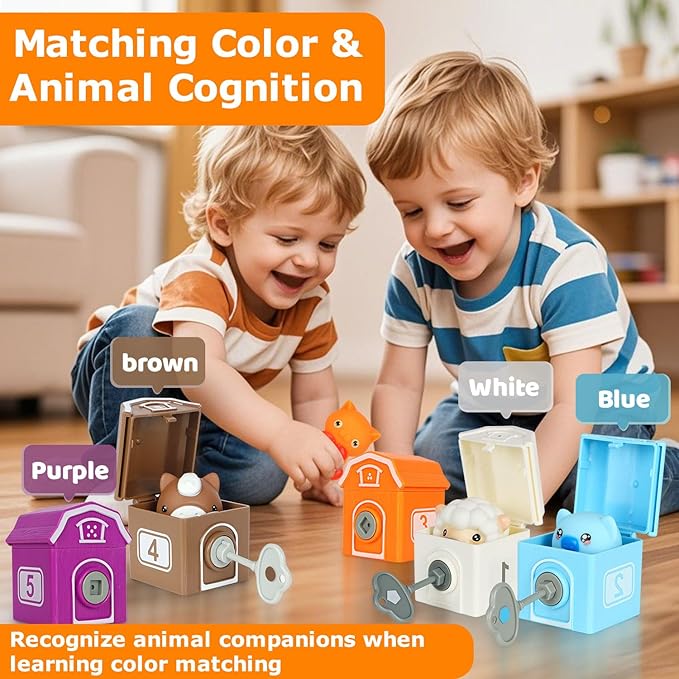 Farm Animal Learning Toys for 2 3 4+ Year Old Toddlers, Counting, Matching & Sorting Montessori Educational Sensory Toys, Playmat, Finger Puppets, Shape Keys and House, Easter Christmas Birthday Gift