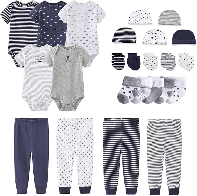 Newborn Layette Gift Set Bodysuits Pants for Baby Girl and Boy 24 Piece 100% Cotton Essentials and Accessories