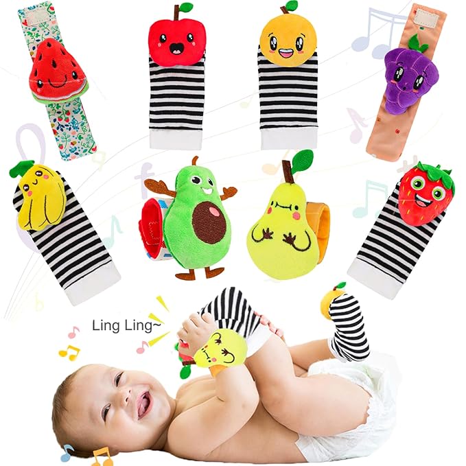Baby Wrist Rattles Sock Toys - Newborn Baby Sock Toys Over 0 Years Old, 8PCS Soft Foot Finder and Wrist Rattle Set, Hand and Feet Rattles, Sensory Developmental Socks for Infants Girl Boy Gifts