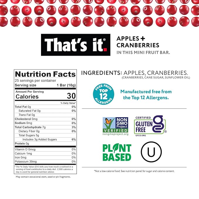 That’s It. Fun Size Fruit Bars Variety Pack(50 Pieces, 10g Each) With Apples + Bananas, Apples + Cranberries, Non-GMO, Paleo and Kosher Friendly, Gluten Free Breakfast Snacks