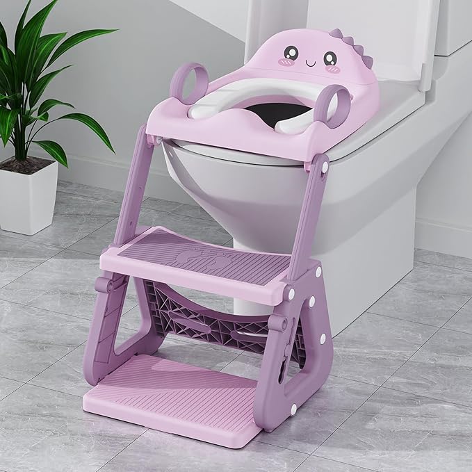 Potty Training Seat, Upgrade 2 in 1 Potty Training Toilet with Step Stool Foldable Toddler Toilet Seat for Kids Boys Girls Toddler Potty with Splash Guard Anti-Slip Pad Adjustable Ladder & Seat Height