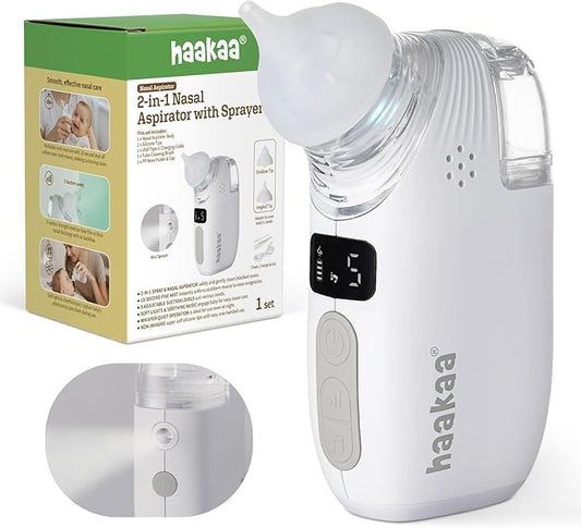 Haakaa Nasal Aspirator for Baby, 2-in-1 Electric Baby Nasal Aspirator with Sprayer – Baby Nose Sucker, Nose Sucker for Baby – 5 Adjustable Suction Levels up to 65kPa, Quiet, Music & Lights