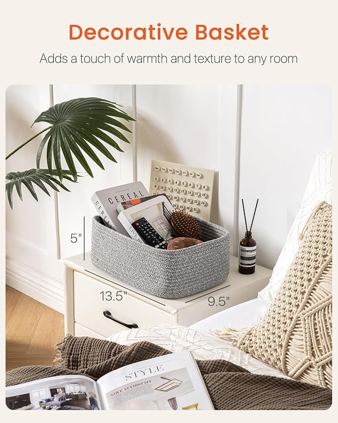 Small Woven Basket, 13.5 x 9.5 x 5 Inches, Storage Basket for Organizing, Cute Small Rope Shelf Closet Cube Storage Bins Baskets for Shelves, Dog Toy Gift Baskets Empty, 3 Packs, Mixed Grey