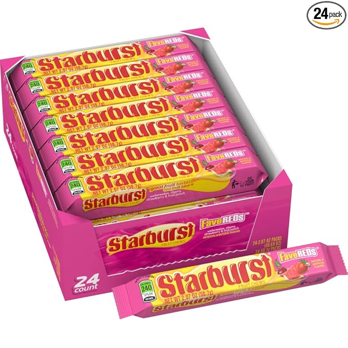STARBURST FaveREDS Chewy Candy Bulk Pack, 24 Full Size Packs, Red Candy Bulk Box