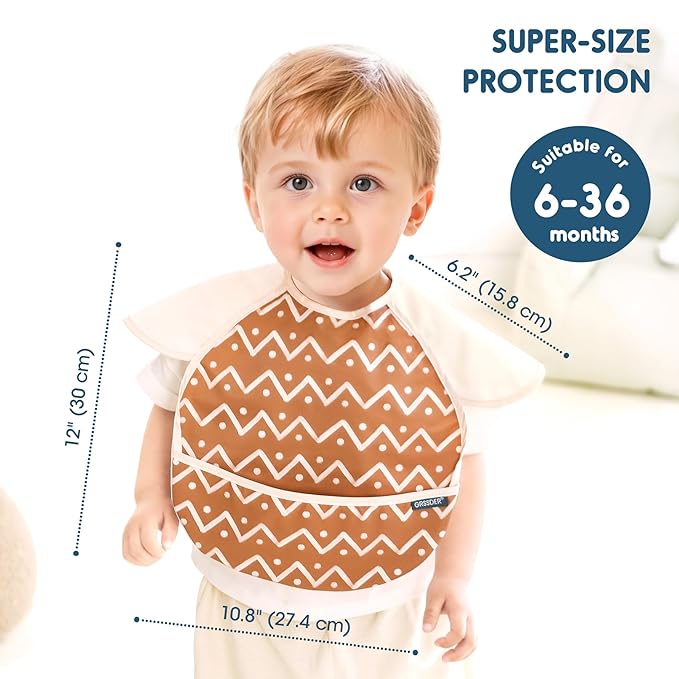 GRSSDER 3-pack Mess Proof Baby Feeding Bibs with Food Catcher Pocket, Soft Lightweight Waterproof Fabric Material with Zero Plastic-like Feel, Adjustable and Easy Clean Toddler Bibs for 6-36 Months