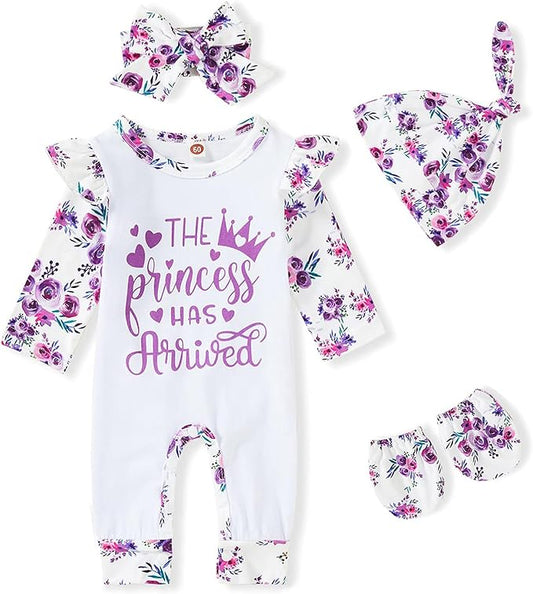 GRNSHTS Newborn Baby Girl Romper Infant Letter Print Jumpsuit Floral Bodysuit+Hat+Headband+Gloves Coming Home Clothes Outfits