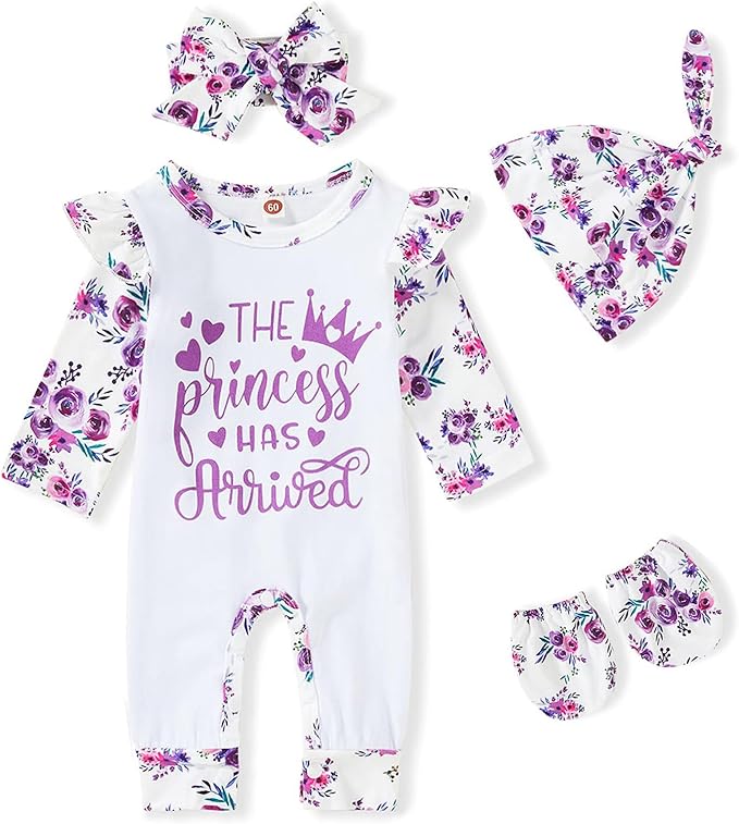 GRNSHTS Newborn Baby Girl Romper Infant Letter Print Jumpsuit Floral Bodysuit+Hat+Headband+Gloves Coming Home Clothes Outfits