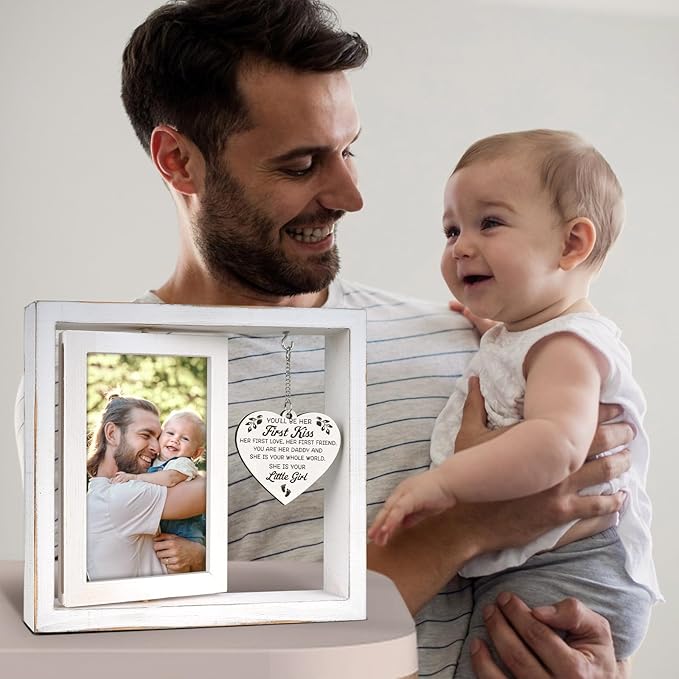 First Time Dad Gifts, Girl Dad Gifts - "You'll Be Her First Kiss" Picture Frame Nursery Decor, Gift for Daddy to be, Baby Shower, Birthday, Father's Day - Vintage Style Rotating Photo Frame 4x6