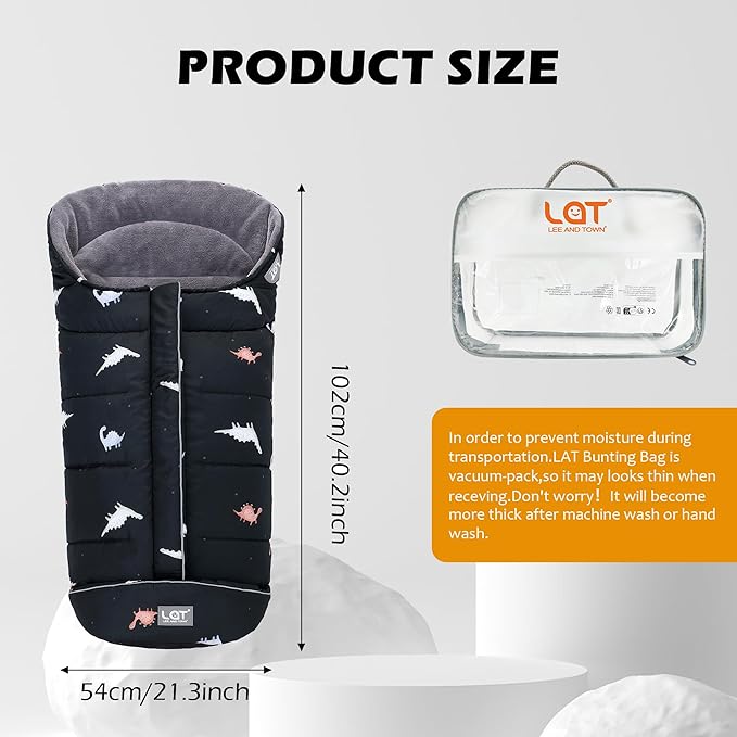 LAT Baby Warm Bunting Bag Universal,Stroller Sleeping Bag Cold Weather,Waterproof Toddler Footmuff(Basic,Black Dinosaur)