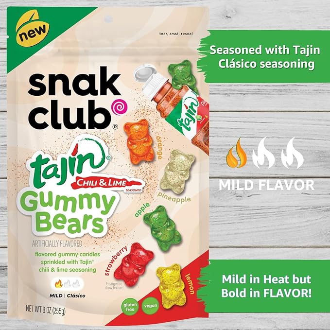 Snak Club Gummy Bears, Tajin Chili & Lime Sweet and Spicy Gummy Candy, Mild in Heat Bold in Flavor, Low-Fat, Vegan, Gluten-Free Snack, 9 oz Large Resealable Bag (Pack of 2)