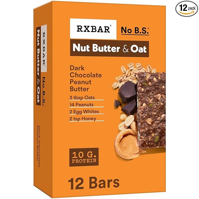 RXBAR Nut Butter and Oat Protein Bars, Protein Snacks, Snack Bars, Dark Chocolate Peanut Butter, 23.2oz Box (12 Bars)