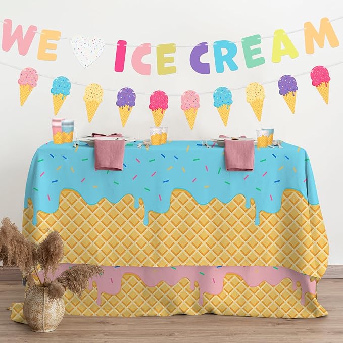 Ice Cream Party Supplies Kit for 24: Ultimate Bundle with Vibrant Paper Plates, Napkins, Cups, Tablecloth & Banner - Ice Cream Birthday Party Decorations
