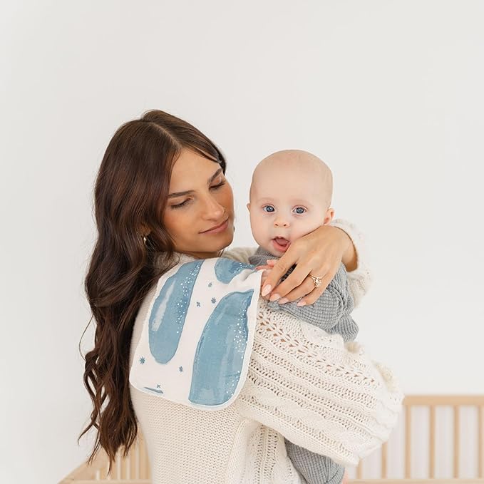 Crane Baby Muslin Burp Cloths, Nautical Theme Whale Design, Baby Boy Essentials, Cotton, Set of 3, 7" x 20" Blue Burp Cloth Set