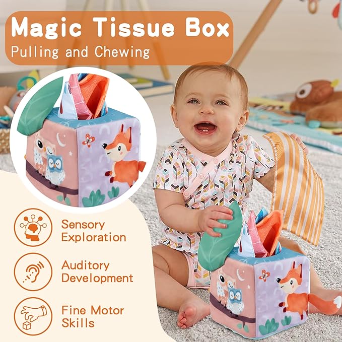 Montessori Toys for Babies 6-12 Months - 3 in 1 Baby Toys Play Kit - Medium Spinning Drum - Baby Tissue Box Toy - Peekaboo Knob Puzzle with Cards - Learning Educational Toy for Boys and Girls
