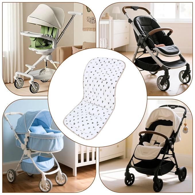 Baby Stroller Cushion,Infant Car Seat Insert-Reversible Universal Breathable and Soft Newborn Stroller Mat,100% Cotton Cover Toddler Seat Pad Liner-34x78cm,1 Pack(Black Heart+Khaki)