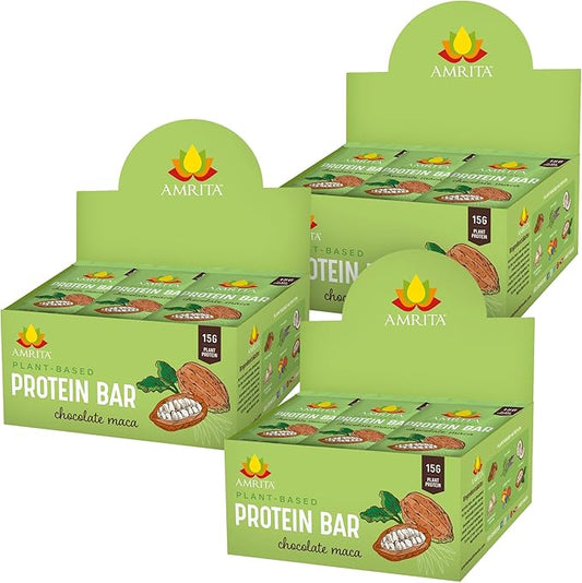 Amrita Nut Free Vegan Protein Bars (12 CT PK of 3) | Chocolate Maca 15g Plant-Based Protein Bar | Peanut-Free, Gluten Free, and Dairy-Free | No Added Sugar, High Fiber, Healthy Snacks for Kids/Adults