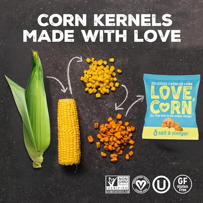 LOVE CORN Salt & Vinegar 0.7oz x 20 Bags - Delicious Crunchy Corn - Healthy Family Snacks - Gluten Free, Kosher, NON-GMO - Alternative for Chips, Nuts, Crackers & Pretzels - Perfect for Charcuterie Boards