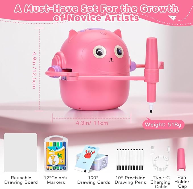 Smart Drawing Robot for Kids with 100 Cards – Voice-Activated Educational Art & Creativity Toy, Montessori Learning Machine for Boys & Girls Ages 3-9 for Toddlers & Children (Pink)
