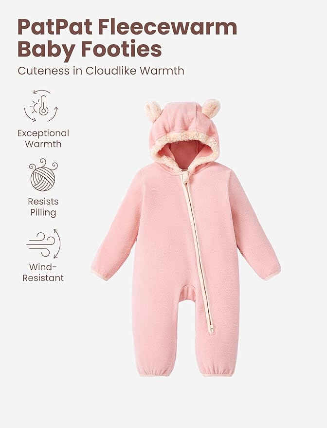 PATPAT Fleece Hooded Footed Romper Clothes, Soft Warm Footie Covers, Car Seat Friendly, Easy Zip, Cute Boy Girl
