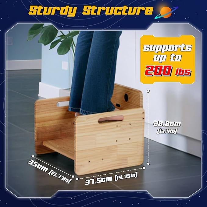 COSYLAND Robot Shaped Kids Step Stool with Handle - Height Adjustable 2 Step Stool for Toddlers - Stable Wooden Nursery Step Stool for Toilet Potty Training, Bathroom, Kitchen (Natural)