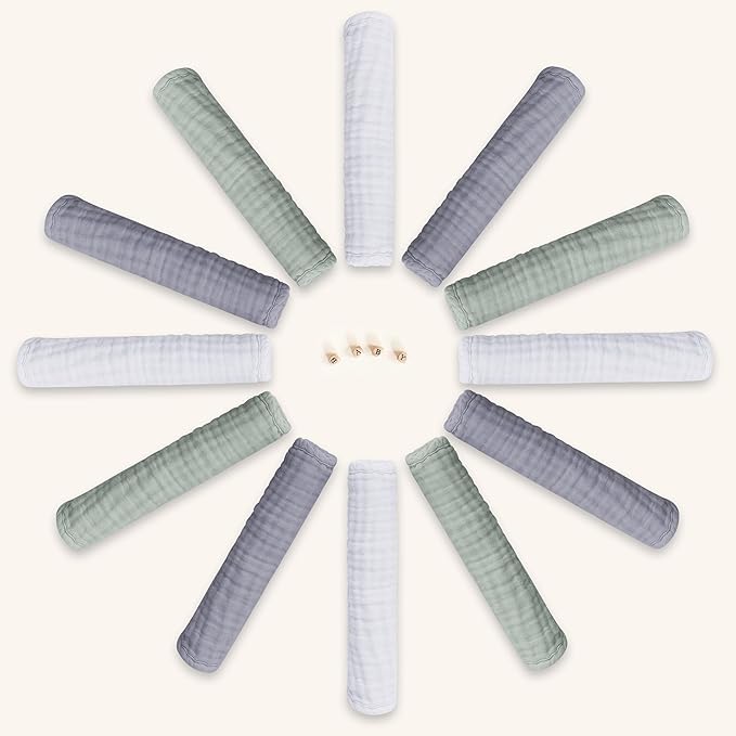 12 Pack Muslin Burp Cloths - Large 20" x 10", Ultra Absorbent 100% Cotton for Baby Drool and Messes - Soft, Gentle Baby Burp Rag for Boys & Girls -Grey, Green, Slate