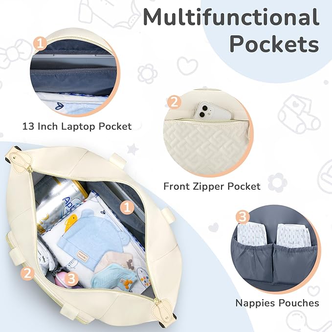 Diaper Bag Tote, Baby Bag Travel Diaper Tote Bag with Pacifier Case, Cute Maternity Hospital Baby Stylish Diaper Tote for Mom Dad Medium Size, Beige