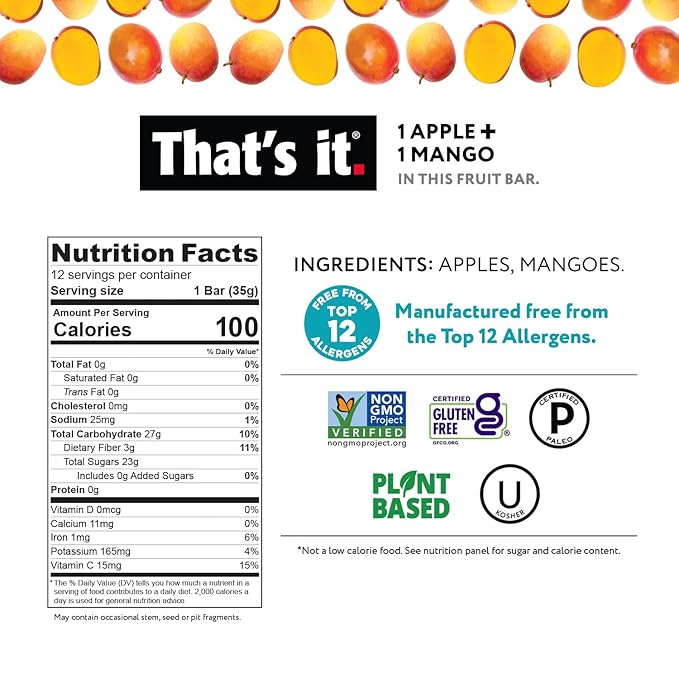 That's it. Variety Pack 100% Natural Real Fruit Bar, Best High Fiber Vegan, Gluten Free Healthy Snack, Paleo for Children & Adults, Non GMO No Added Sugar, No Preservatives Energy Food (12 Pack)