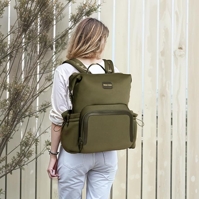 miss fong Diaper Bag Backpack - Baby Diaper Bag Neoprene Bag Large Capacity Neoprene Backpack with Diaper Changing Pad with 12 Pockets for Mom & Dad -Green