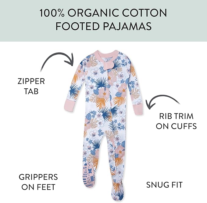 HonestBaby Non-Slip Footed Pajamas One-Piece Sleeper Zip-Front Pjs 100% Organic Cotton for Baby Girls