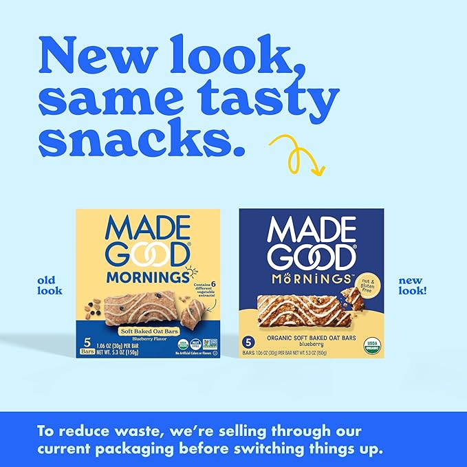 MadeGood Mornings Soft Baked Breakfast Bars, Blueberry, 1.06 Oz (30 Count) Gluten Free Snacks