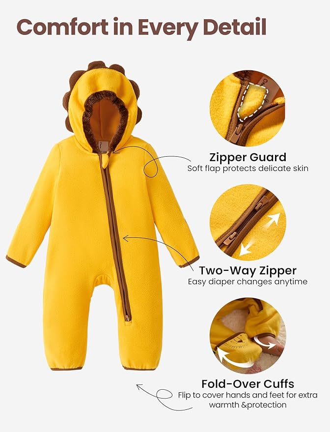 PATPAT Fleece Hooded Footed Romper Clothes, Soft Warm Footie Covers, Car Seat Friendly, Easy Zip, Cute Boy Girl