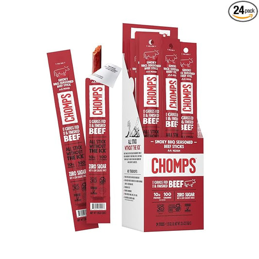 Chomps Grass-Fed and Finished Smoky BBQ Seasoned Beef Jerky Snack Sticks 24-Pack - Keto, Paleo, Whole30, 10g Lean Meat Protein, Gluten-Free, Zero Sugar Food, Non-GMO