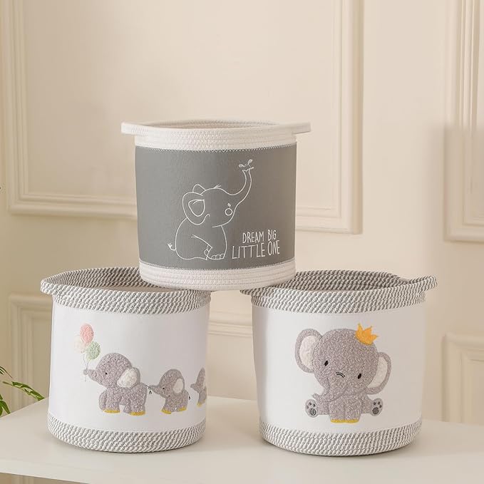 3-Piece Woven Baby Toy Blanket Storage Baskets Laundry Hampers, Elephant Design Foldable Nursery Organizer for Toys Clothes Stuffed Animals, Roomy Sturdy Hamper for Baby Gift Nursery Decor Basket
