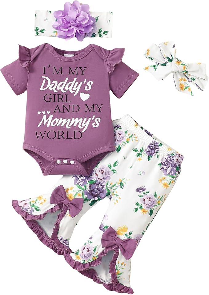 SUNNY PIGGY Newborn Baby Girl Clothes Infant Outfits Romper Floral Fall Outfit Bell Bottoms Pant Sets Hat Headband Flowerpant