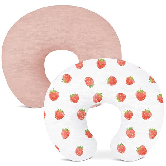 Nursing Pillow Covers 2 Pack, Muslin Nursing Cover for Breastfeeding Pillows, Comfortable for Baby Girls and Boys (Strawberry & Pale Pink)