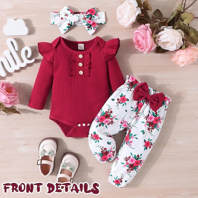 GDTOGRT Baby Girl Clothes Newborn Infant Outfits Ruffle Romper+ Floral Pants + Cute Headband Sets for Girls