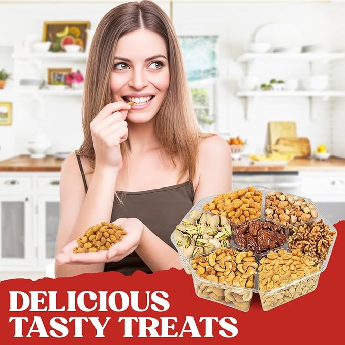 Nuts Gift Basket - 7 Sectional Platter With a Variety of Freshly Roasted Nuts - Beautifully Packaged Gift for Birthday, Sympathy. Large Family Pack.