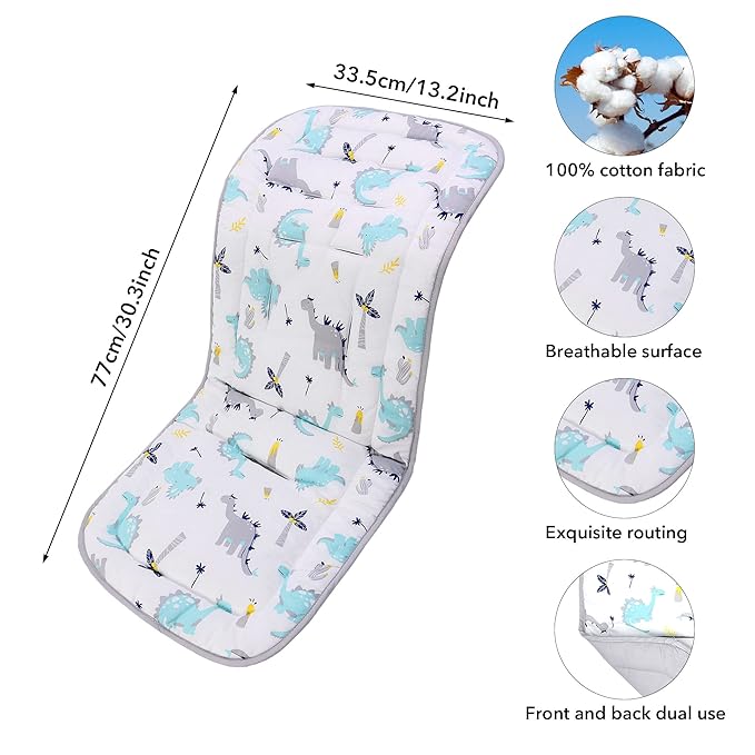 Baby Stroller Cushion, Universal Breathable and Soft Newborn Stroller Mat, 100% Cotton Cover Toddler Seat Pad Liner for Stroller, 34x78cm,1 Pack（Dinosaur+Grey））