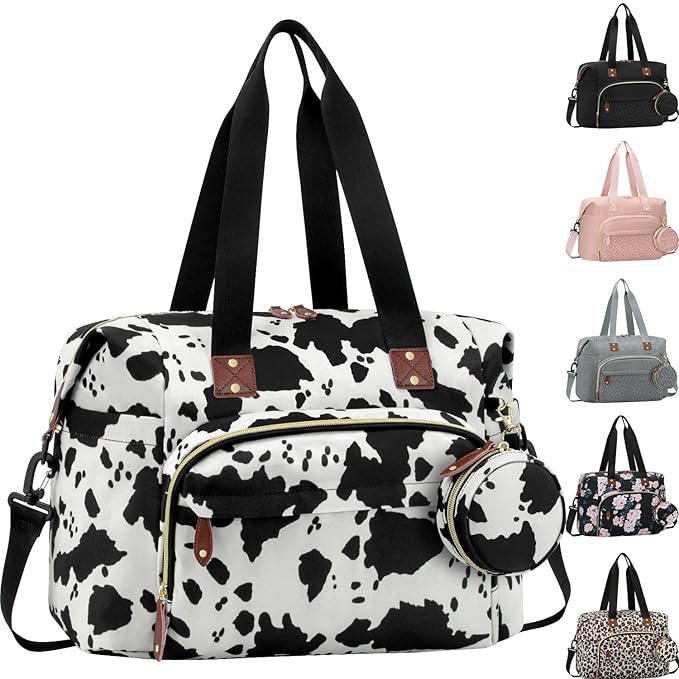 Diaper Bag Tote, Baby Bag Travel Diaper Tote Bag with Pacifier Case, Cute Maternity Hospital Baby Stylish Diaper Tote for Mom Dad Medium Size, Cow Print