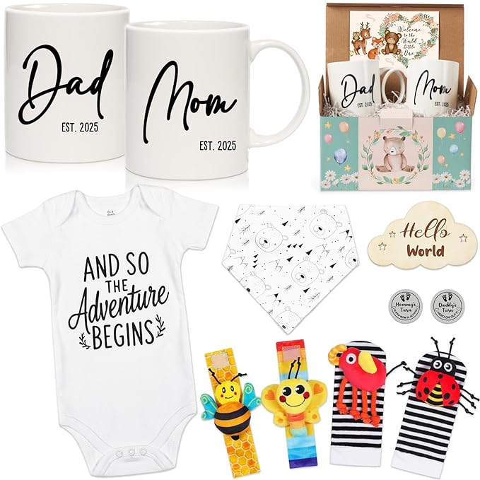 Breezy Valley New Parents Gifts for Couples, First Time New Mom and Dad Gifts Mugs Est 2025, Gender Reveal Baby Shower Gifts Basket, Pregnancy Gifts for Expecting Parents to be, Newborn Baby Gift Set