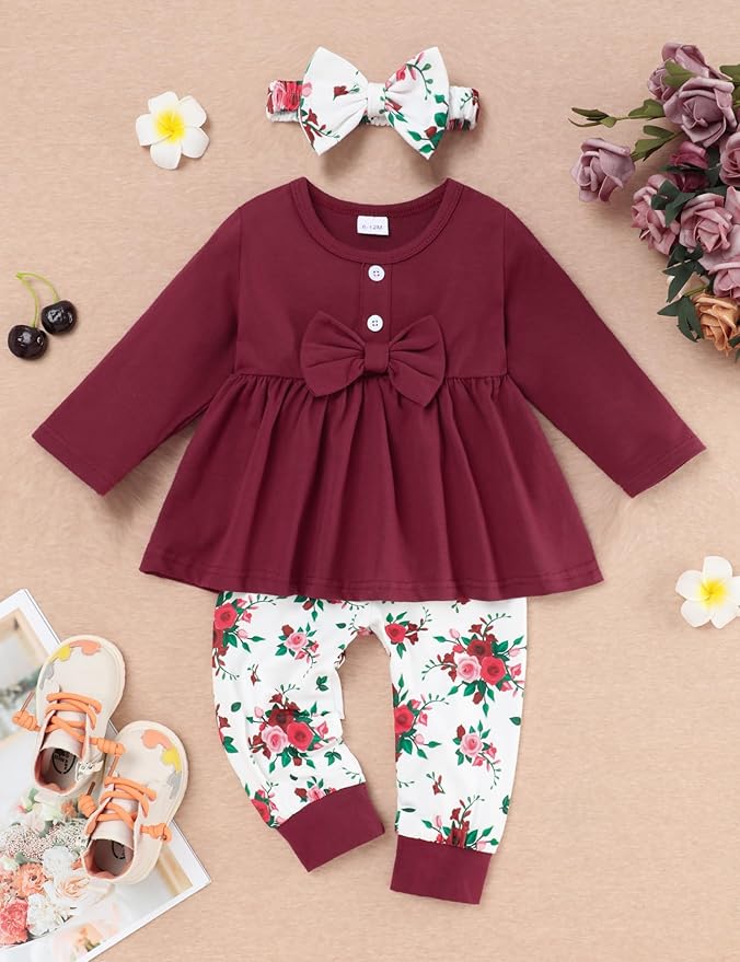 oklady Toddler Baby Girl Clothes Solid Color Ruffle Tops Floral Pants with Headband Fall Winter Cute Girl Outfits