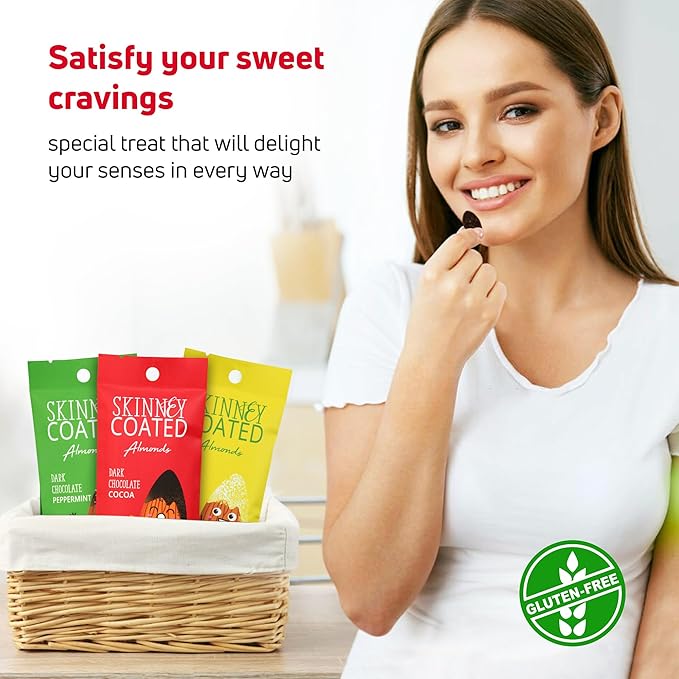 Skinny Coated Almonds Chocolate Snacks Multiple Flavors - Lemon, Dark Chocolate Peanut Butter, Raspberry, Peppermint, Chocolate Espresso Sweet Snacks - Gluten Free & Kosher, 1.2Oz Bag, 6g of Protein.