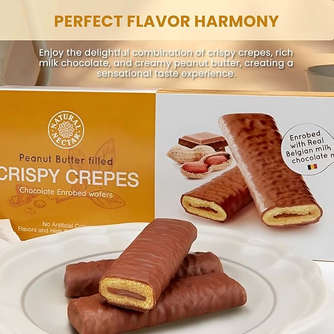 Natural Nectar Crispy Crepes Milk Chocolate & Peanut Butter, Pack of 4 - Irresistibly Delicious Treat, Perfect for Snacking or Desserts | Made with Real Belgian Chocolate