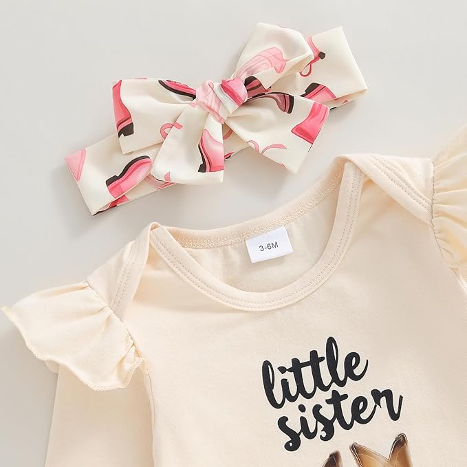 Fernvia Western Newborn Baby Girl Clothes Long Sleeve Letter Print Romper Animal Print Pants Headband 3Pcs Outfits Sets