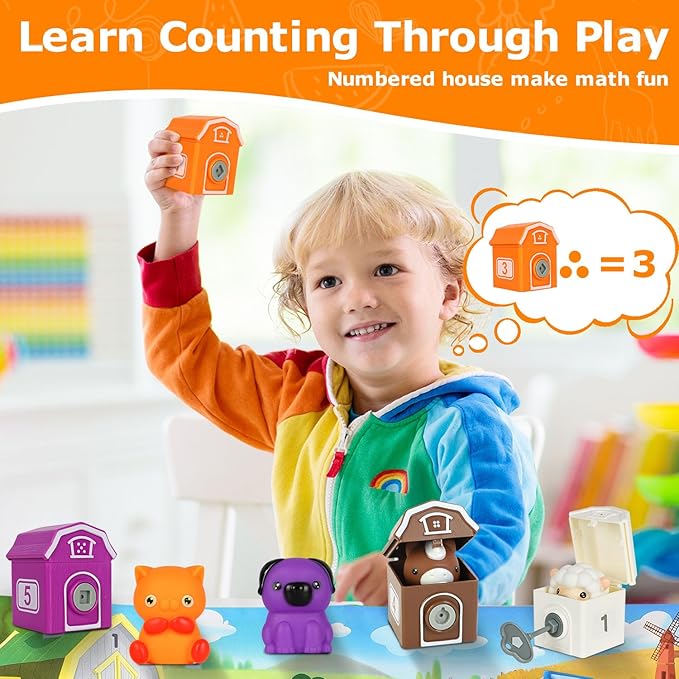 Farm Animal Learning Toys for 2 3 4+ Year Old Toddlers, Counting, Matching & Sorting Montessori Educational Sensory Toys, Playmat, Finger Puppets, Shape Keys and House, Easter Christmas Birthday Gift