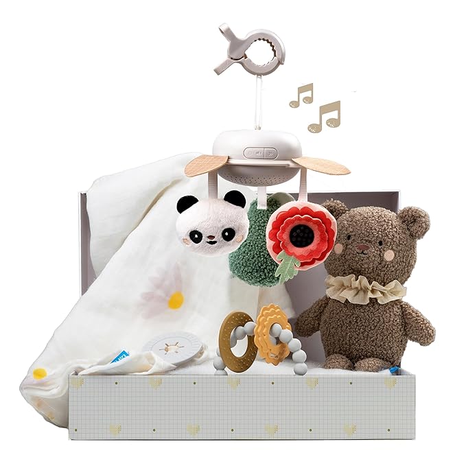 Taf Toys Baby Shower Gifts - Cotton Bamboo Swaddle, Take Along Musical Mobile, Bear snugle Toy & Silicon Teether Ring, Baby Gift Set, New Welcome Baby Gift, Newborn Baby Boy & Girl Gifts